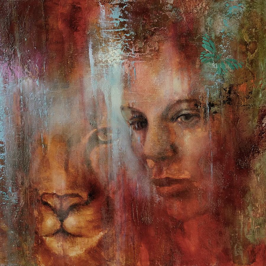 Together - a girl and a lion #1 Painting by Annette Schmucker