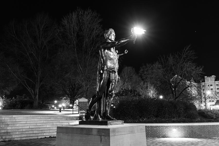  Torchbearer statue at the University of Tennessee at night in black and white #1 Photograph by Eldon McGraw