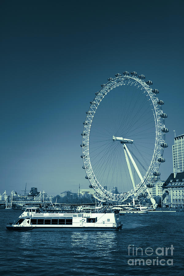 Tourists boat on the Thames and London Eye. #1 Photograph by Peter Noyce