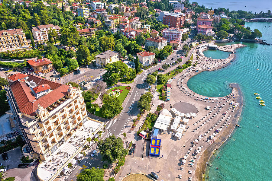 Town of Opatija and Slatina beach and waterfront aerial view #1 Photograph by Brch Photography