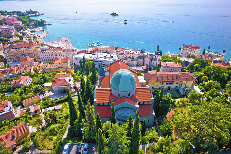 Town of Opatija cathedral and waterfront aerial view #1 Photograph by Brch Photography