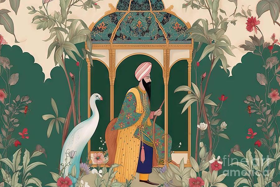 Abstract Painting - Traditional Mughal emperor holding eagle, garden, arch, temple,  #1 by N Akkash