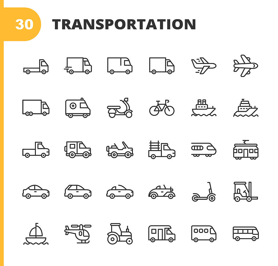 Transportation Line Icons. Editable Stroke. Pixel Perfect. For Mobile and Web. Contains such icons as Truck, Car, Vehicle, Shipping, Sailboat, Plane, Motorbike, Bicycle. #1 Drawing by Rambo182