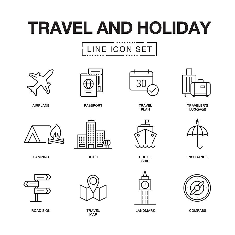 Travel And Holiday Line Icons Set #1 Drawing by Cnythzl