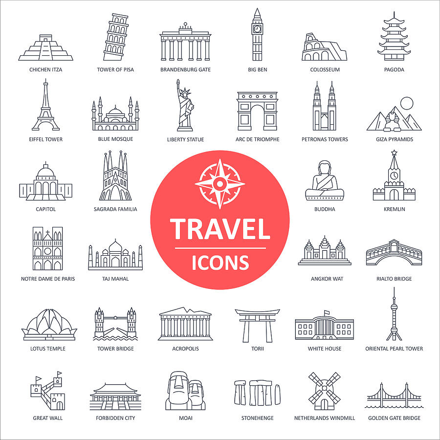Travel Landmark Icons - Thin Line Vector Drawing by Pop_jop