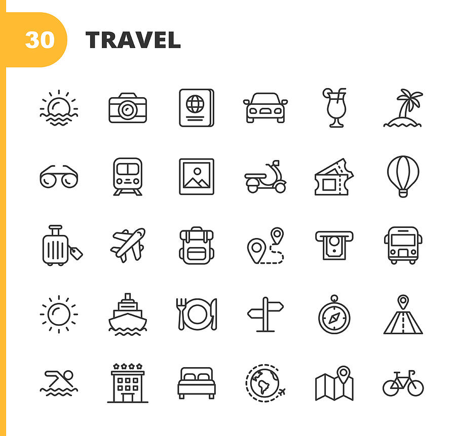 Travel Line Icons. Editable Stroke. Pixel Perfect. For Mobile and Web. Contains such icons as Camera, Cocktail, Passport, Sunset, Plane, Hotel, Cruise Ship, ATM, Palm Tree, Backpack, Restaurant. Drawing by Rambo182
