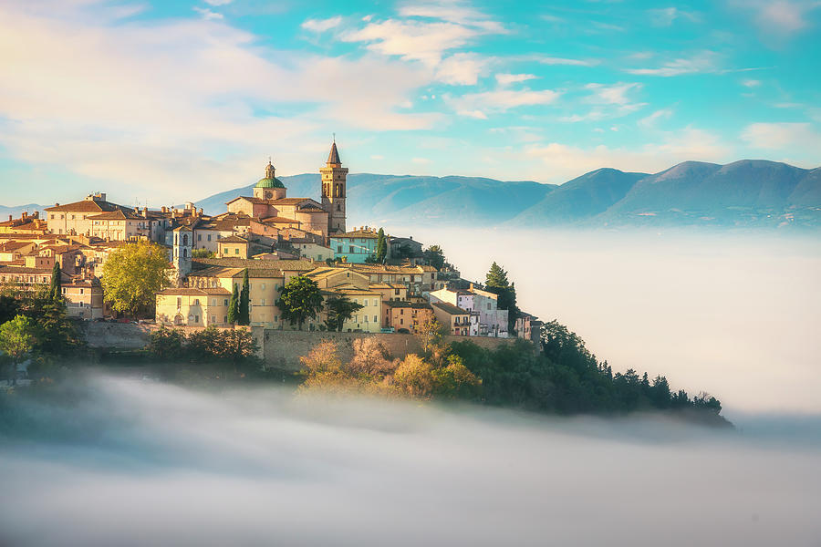 Trevi picturesque village in a foggy morning. Perugia, Umbria, I Photograph by Stefano Orazzini
