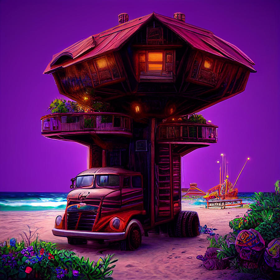 Truck  With  Camper  Shaped  Steampunk  Fary  Garden  House  By Asar Studios Digital Art
