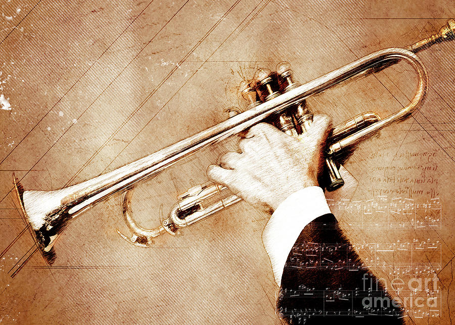 Trumpet #trumpet music art gold and black #1 Digital Art by Justyna Jaszke JBJart