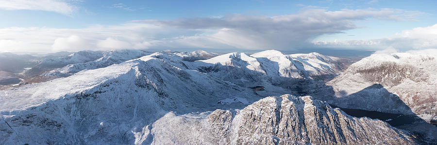 Tryfan and Glyder Fach Mountain Aerial in the Ogwen Valley Snowdonia Wales  in winter #1 by Sonny Ryse