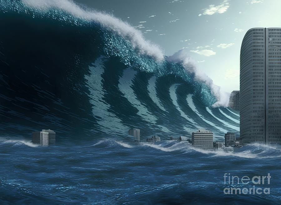 Tsunami With 100 Feet Waves On City Digital Art By Benny Marty Fine 