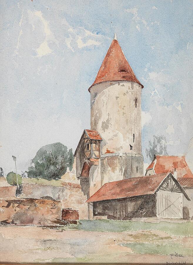 Watercolor Painting - Turm in Dinkelsbuhl #1 by Eduard Zetsche Austrian