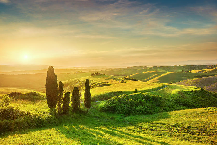 Tuscany, rural sunset landscape. White road and cypress trees. V #1 Photograph by Stefano Orazzini