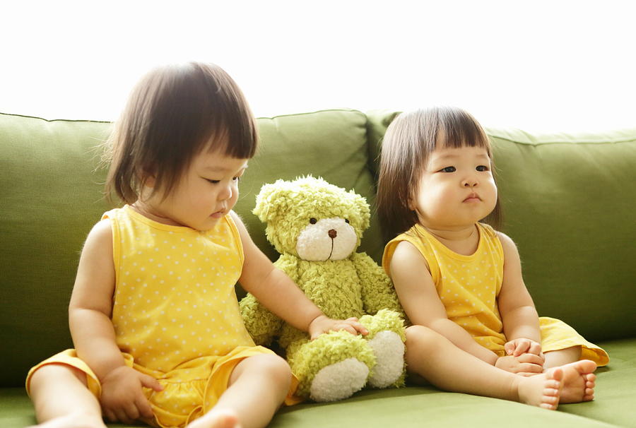 Twin little sisters and teddy bear #1 Photograph by Kumacore