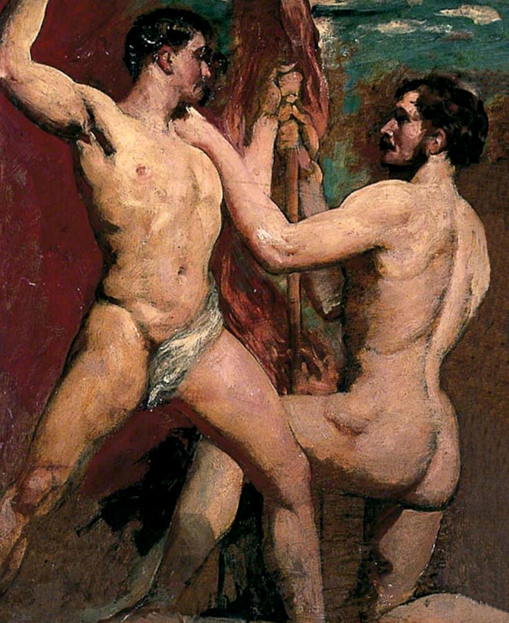 Two Male Nudes, One Kneeling With Staff Painting