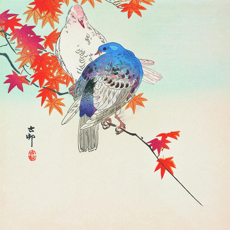 Pigeon Painting - Two pigeons on autumn branch #1 by Ohara Koson