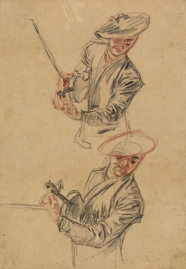 Two Studies of a Violinist Tuning His Instrument #2 Drawing by Antoine Watteau