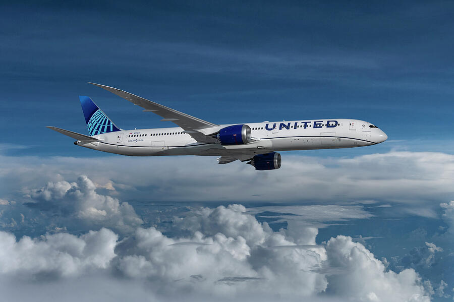 United Airlines Boeing 787 Dreamliner Among the Clouds Mixed Media by Erik Simonsen