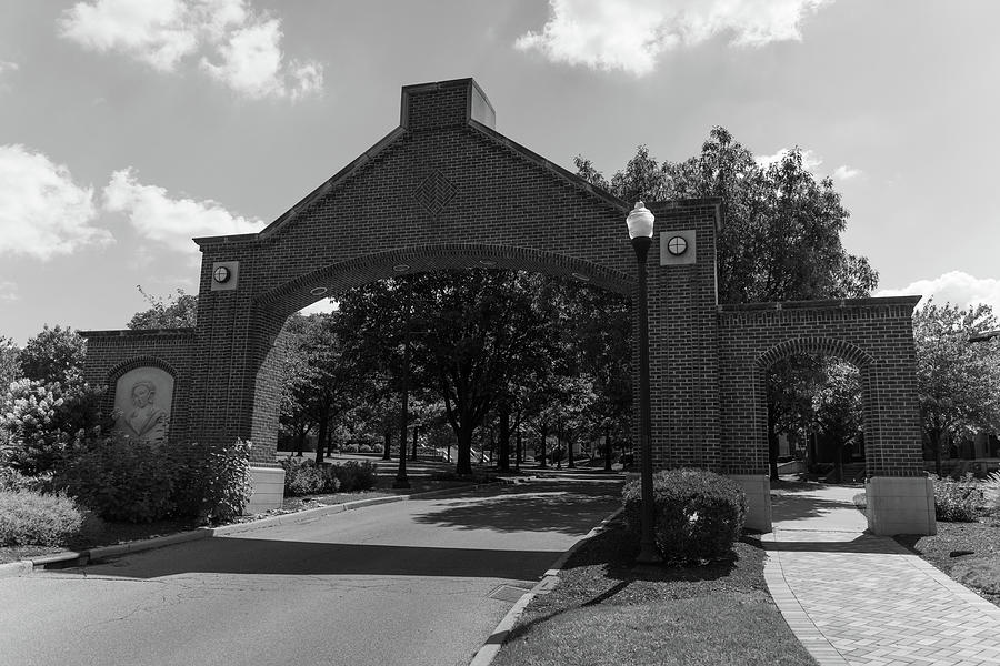 University of Dayton arch entrance in black and white #1 Photograph by Eldon McGraw