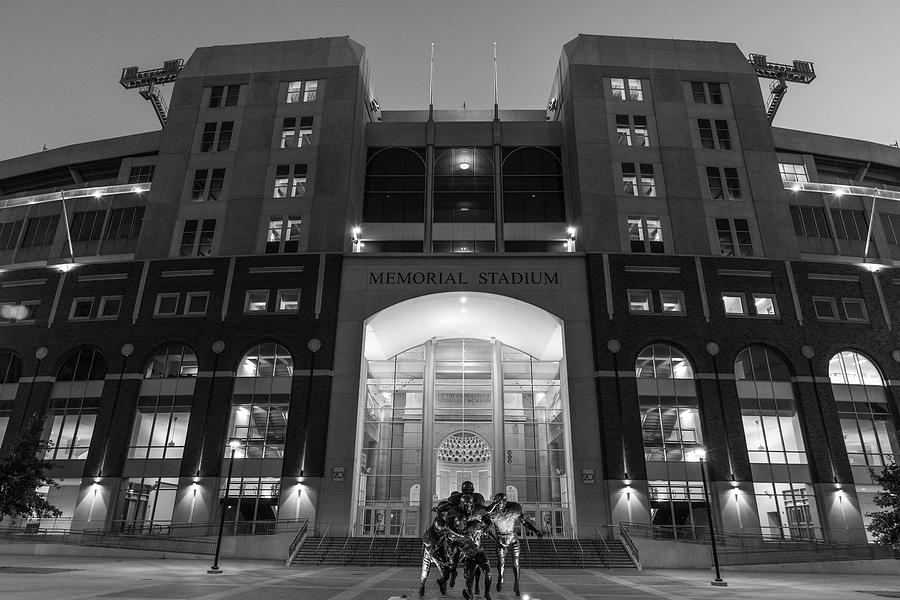 University of Nebraska Cornhuskers Memorial Football Stadium at night in black and white #1 Photograph by Eldon McGraw