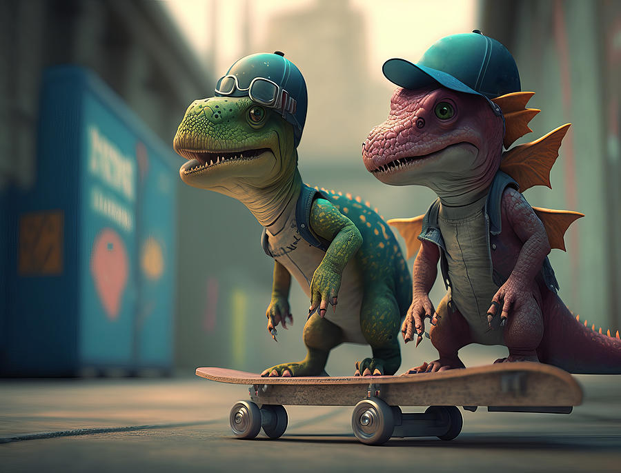 Urban dinosaur skaters #1 Digital Art by Karen Foley
