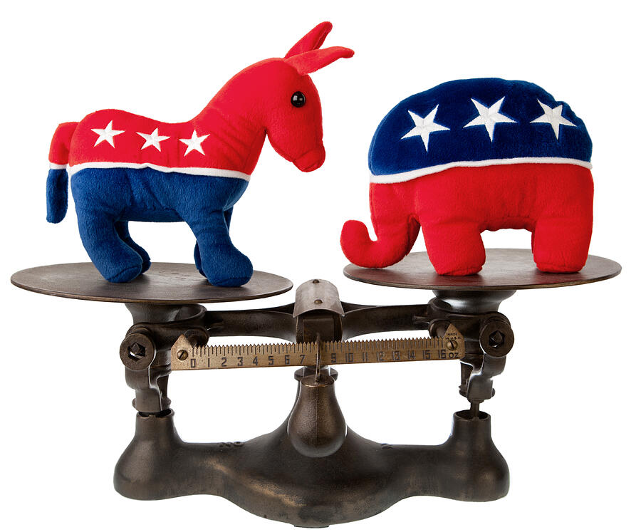 US political mascotts on antique scale #1 Photograph by Allkindza