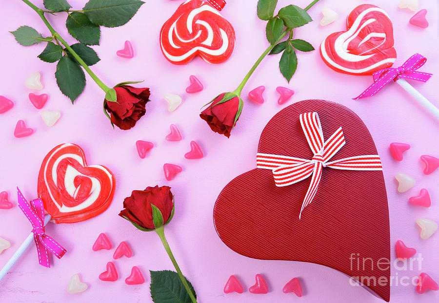 Valentine roses, lollipops and gift #1 Photograph by Milleflore Images