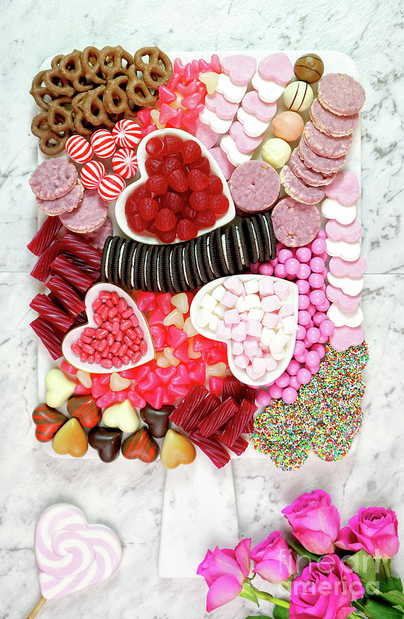 Valentines Day flat lay overhead candy and cookies grazing platter. #1 Photograph by Milleflore Images