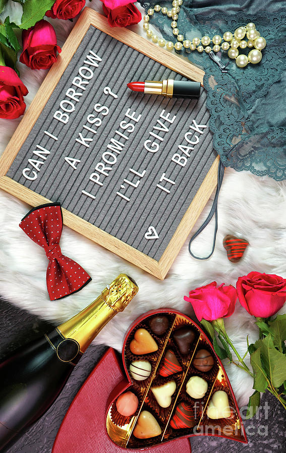 Valentines Day flat lay with roses, champagne and letterboard. #1 Photograph by Milleflore Images