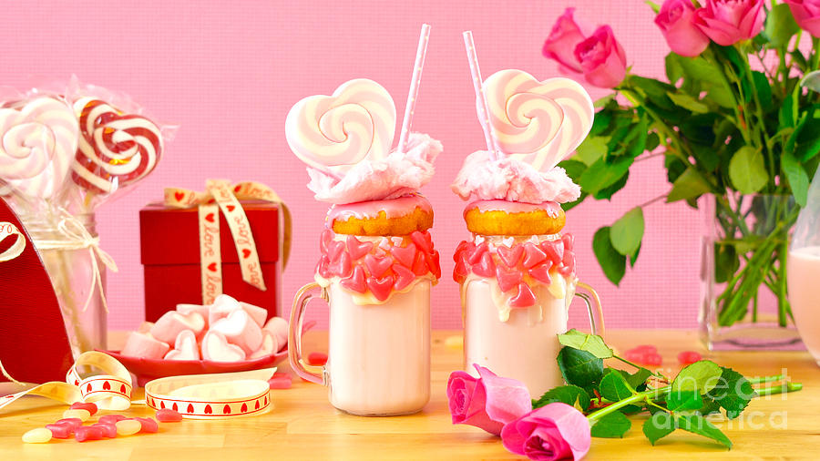 Valentines Day freak shakes with heart shaped lollipops and don Photograph by Milleflore Images