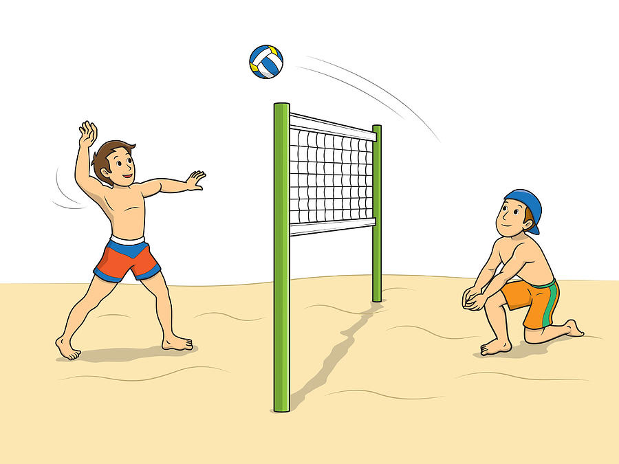 Vector illustration of beach volleyball players playing with the ball isolated on white background. Kids coloring page, drawing, art, first word, flash card. Color cartoon character clipart. #1 Drawing by Easy_Company