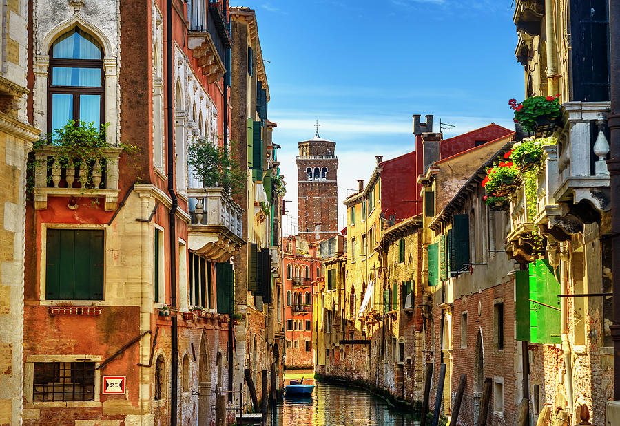 Venice cityscape, water canal, campanile church and traditional  #1 Photograph by Stefano Orazzini