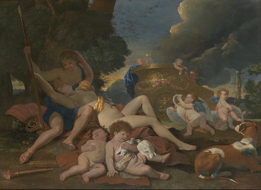 Poussin Painting - Venus and Adonis #1 by Nicolas Poussin