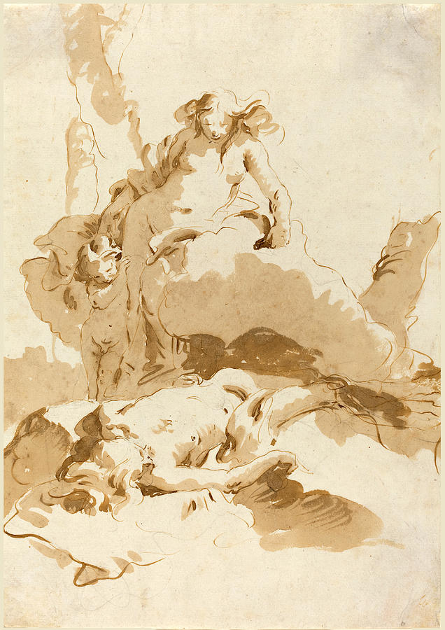 Giovanni Battista Tiepolo Drawing - Venus and Cupid Discovering the Body of Adonis #2 by Giovanni Battista Tiepolo