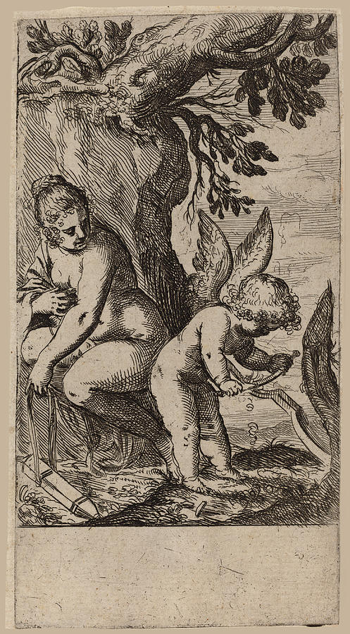 Venus with Cupid Whittling His Bow #2 Drawing by Odoardo Fialetti