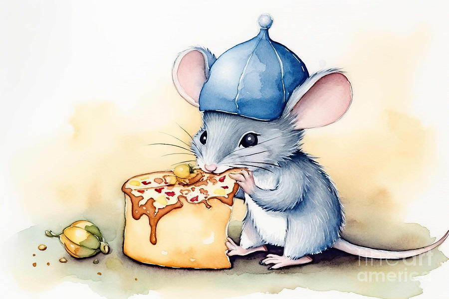 Mouse Painting - Very cute little mouse in a blue cap eats a piece of cheese. Chi #1 by N Akkash
