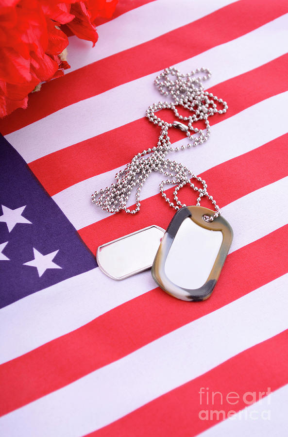 Veterans Day USA Flag with dog tags #1 Photograph by Milleflore Images