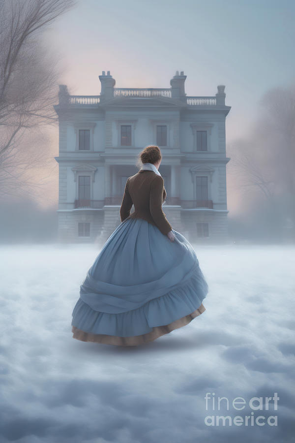 Victorian woman approaching a mansion house in winter snow #1 Photograph by Lee Avison