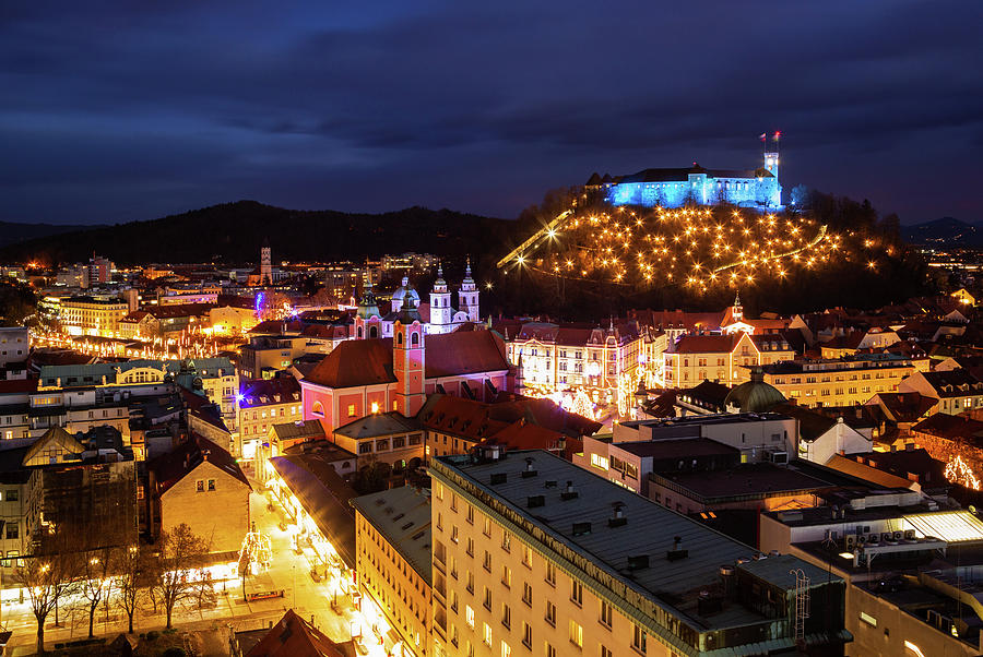 View across Ljubljana at Christmas #1 Photograph by Ian Middleton