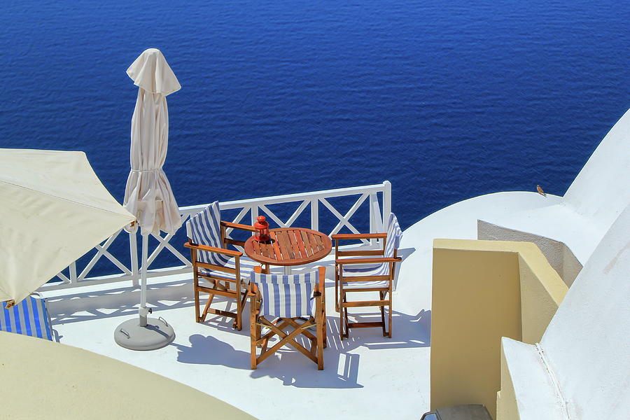 View from a balcony at Oia village in the Caldera, Greece #1 Photograph by Elenarts - Elena Duvernay photo
