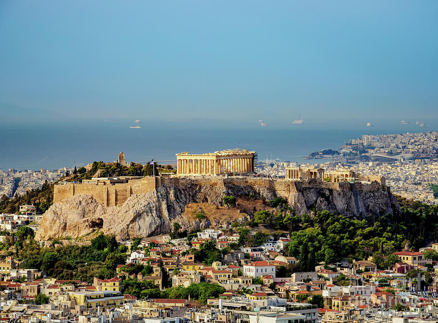 View from Mount Lycabettus towards Acropolis at sunrise, Athens, Attica ...