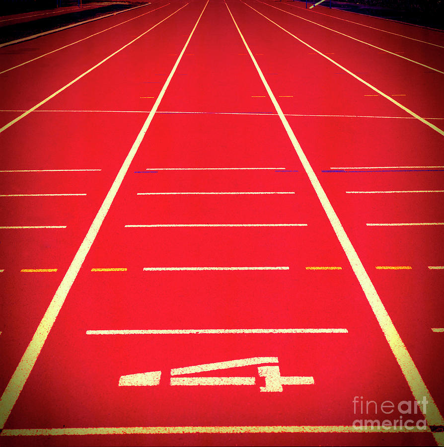 Sports Photograph - View of a red running track with white lines captured on a sunny day #1 by Bernard Jaubert