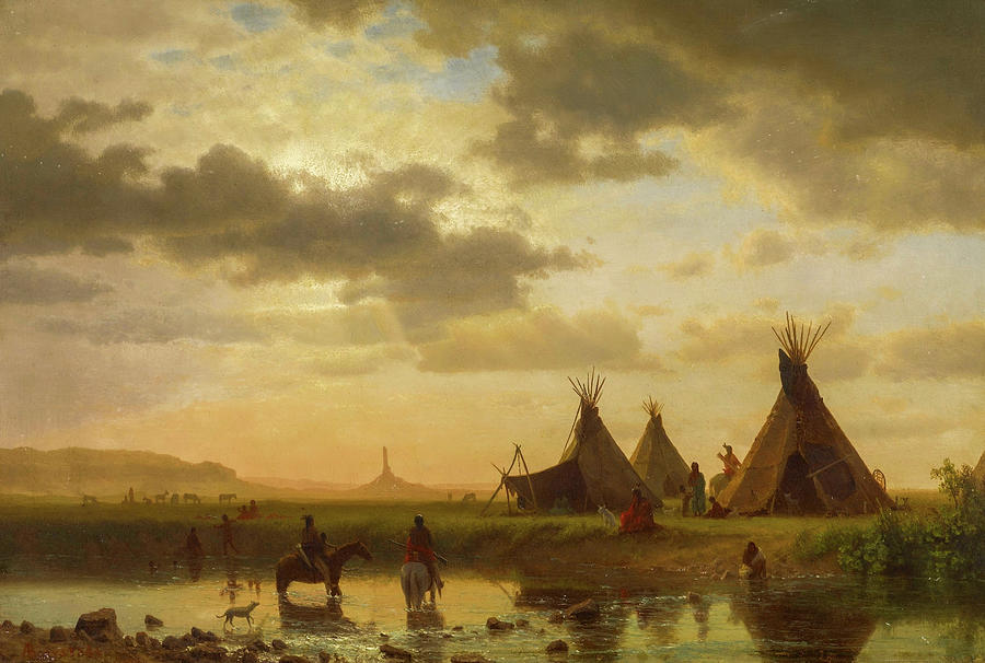 View of Chimney Rock, Ohalilah Sioux Village in the foreground #1 Painting by Albert Bierstadt