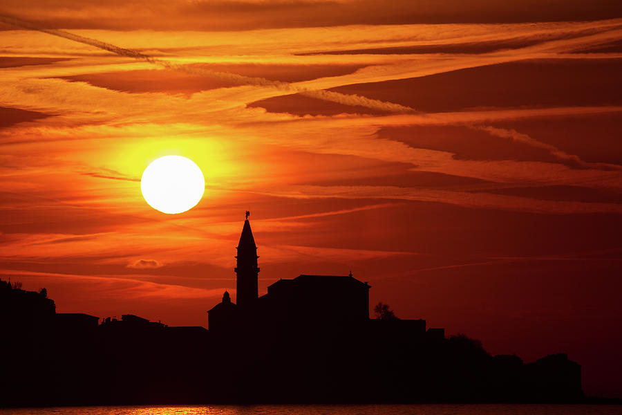 View of Saint Georges Parish Church in Piran at sunset #1 Photograph by Ian Middleton