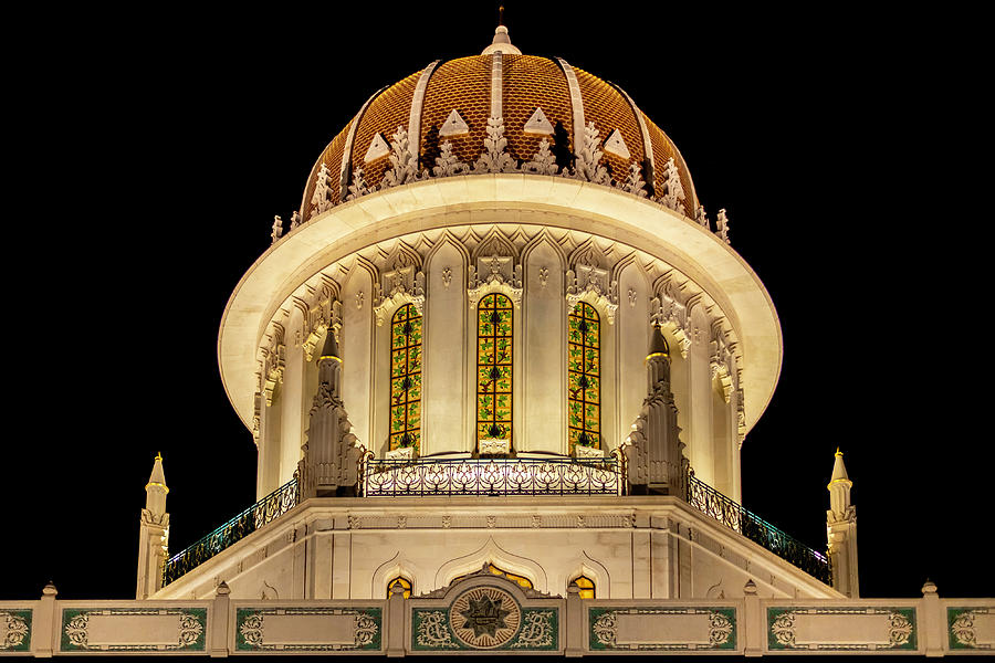Architecture Photograph - View of the Shrine of the Bab lit up from within, Bahai holy place in Haifa, Israel at night.  #1 by Barb Gabay
