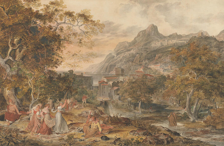 Joseph Anton Koch Drawing - View Of Vietri With Young Country Women Dancing For Shepherds In The Foreground by Joseph Anton Koch Joseph Anton Koch Drawing - View Of Vietri With Young Country Women Dancing For Shepherds In The Foreground by Joseph Anton Koch