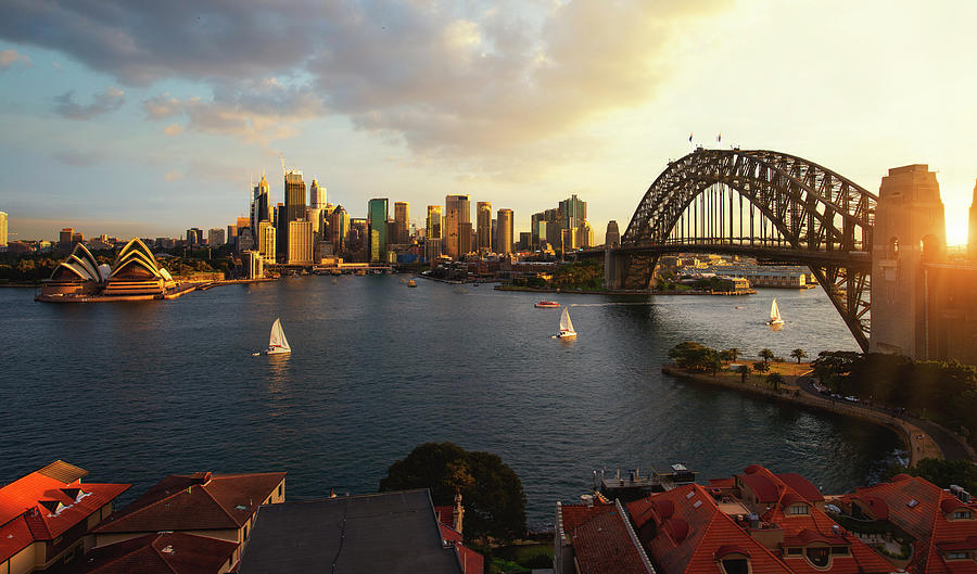 View Point Of Sydney Harbour With City And Bridge In Sunset Time