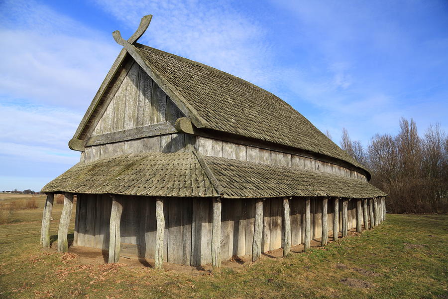 Viking Longhouse at Trelleborg circular fort, Denmark #1 Photograph by Pejft