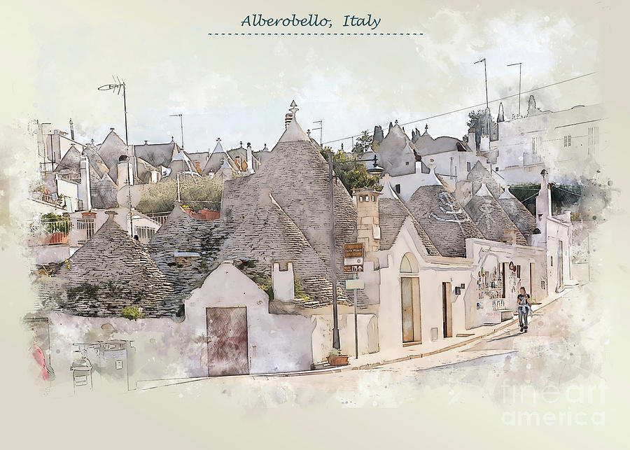 village Alberobello, Italy  in watercolor sketch style #1 Digital Art by Ariadna De Raadt