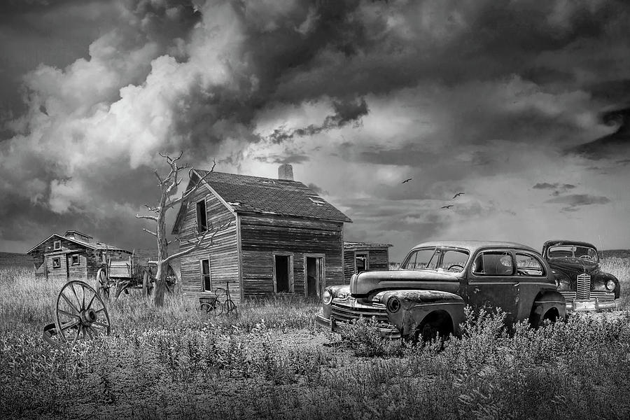 Vintage Automobiles with Farmhouse and Barn on a Abandoned Farm  #1 Photograph by Randall Nyhof